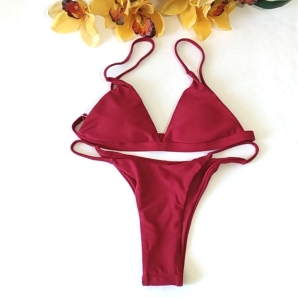BURGUNDY TRIANGLE HI-CUT STRING BIKINI SET SIZE MD - Picture 2 of 8